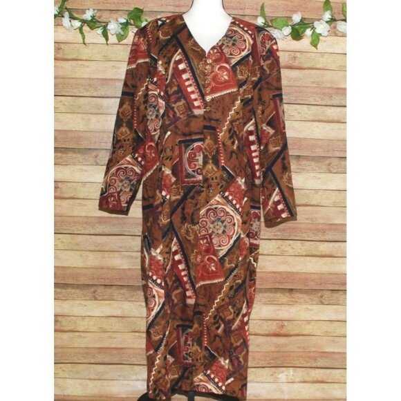 Vintage Diana Marco Brown Maxi Dress Size 22 Patterned Long Sleeve Ethnic Retro - Picture 1 of 12